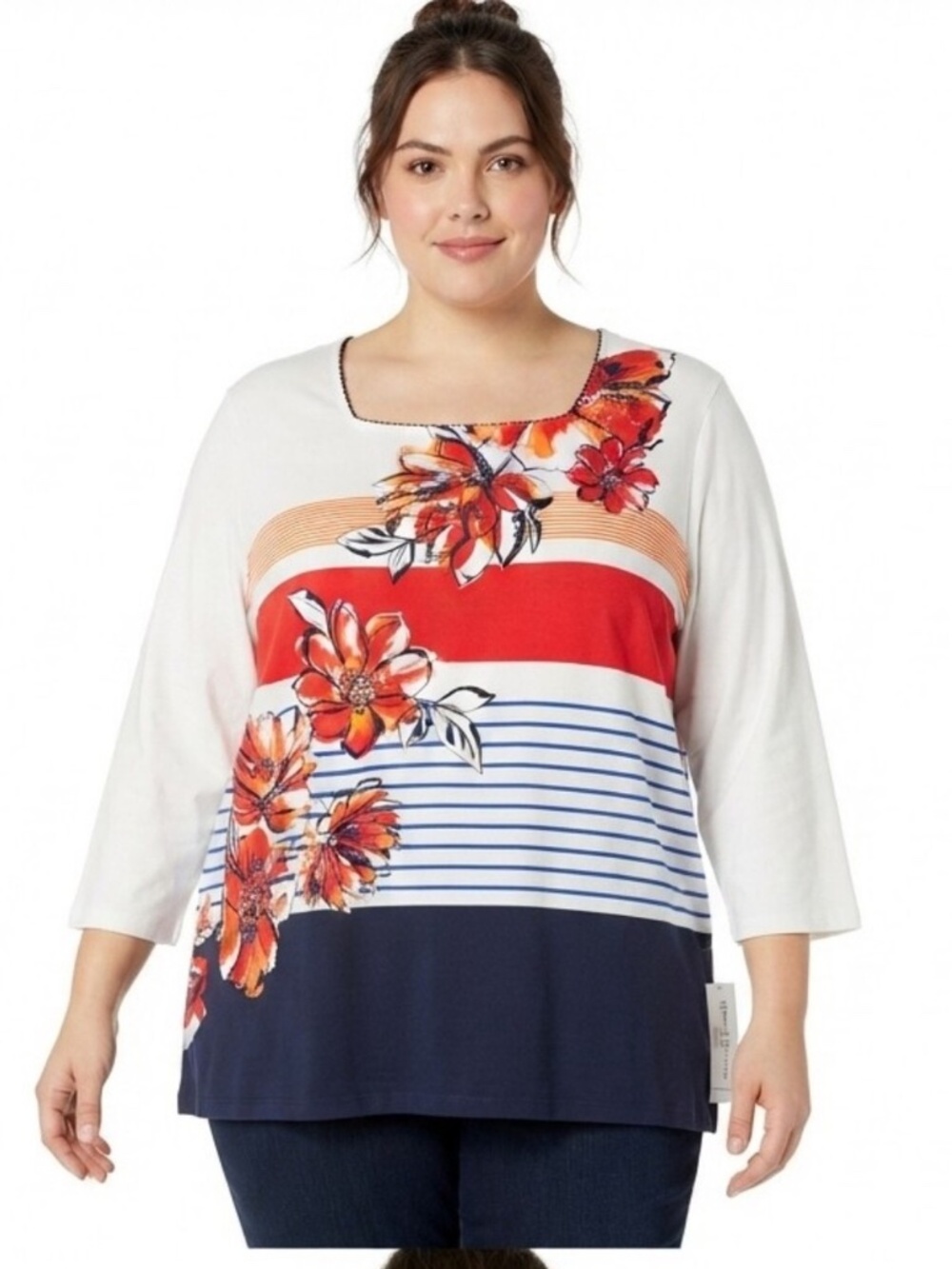NWT ALFRED DUNNER 3X IN THE NAVY FLORAL SQUARE NECK TUNIC 3/4 SLEEVE
